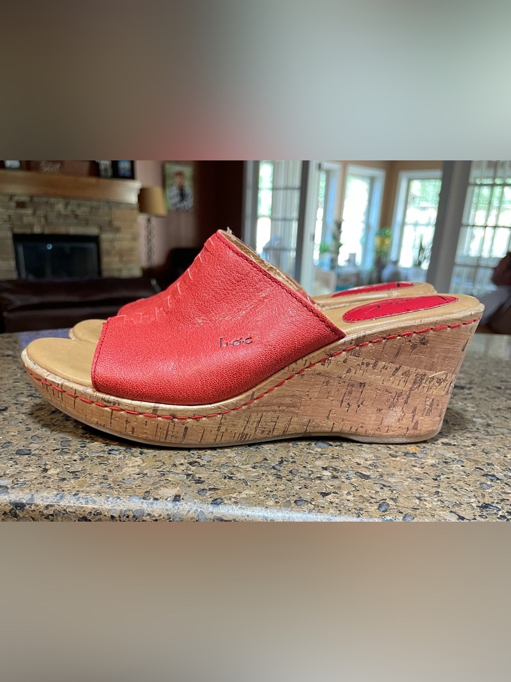 b.o.c. Born Concept Red Leather Tan Cork Platform Wedge Mules Sz 6 Well Loved